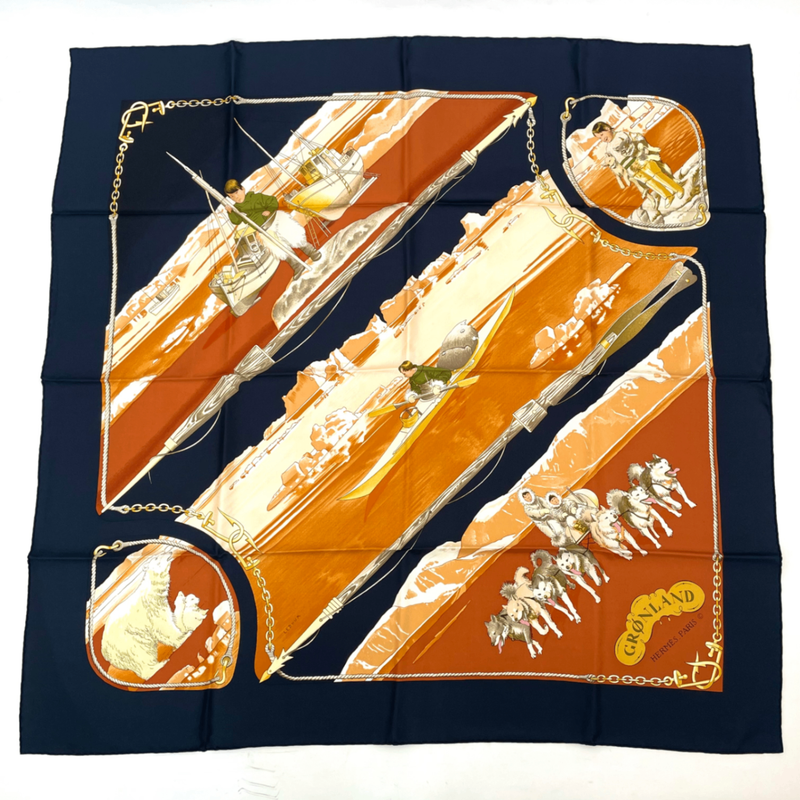 Hermes Carre 90 1982 Gronland Greenland Eskimo Dog Sled Silk Scarf Black