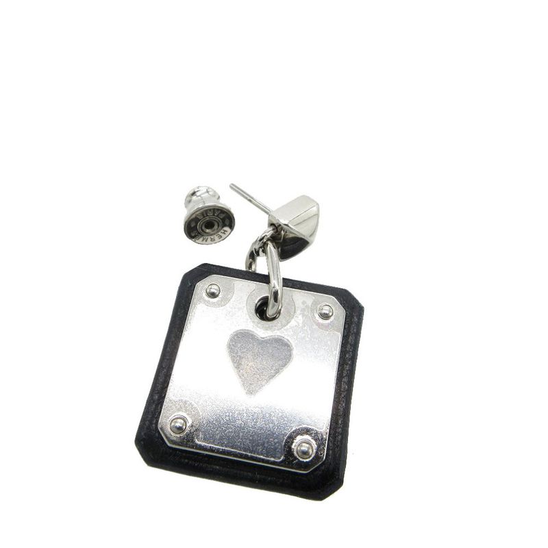 Hermes As De Coeur Heart Earrings Leather/metal Black/silver Stamped Z 0268