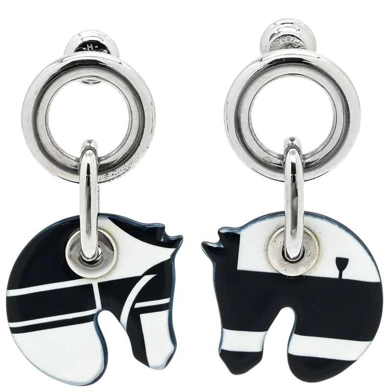 Hermes Earrings Tattersalls Enamel Metal Navy X White Horse Print [box