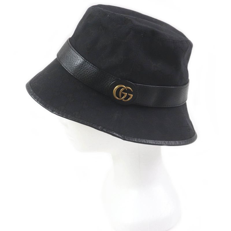 Gucci 576587 GG Canvas Leather Piping Fedora Hat Bucket Hat Black M/58cm