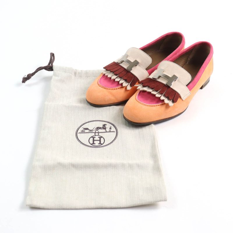 Hermes 181071z Royale Hhardware Attached Tassel Almond Toe Suede Leather Loafer