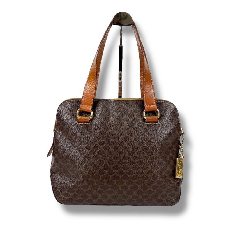 Celine Mini Tote Handbag With Macadam Pattern Triomphe Brown Pvcleather Charm