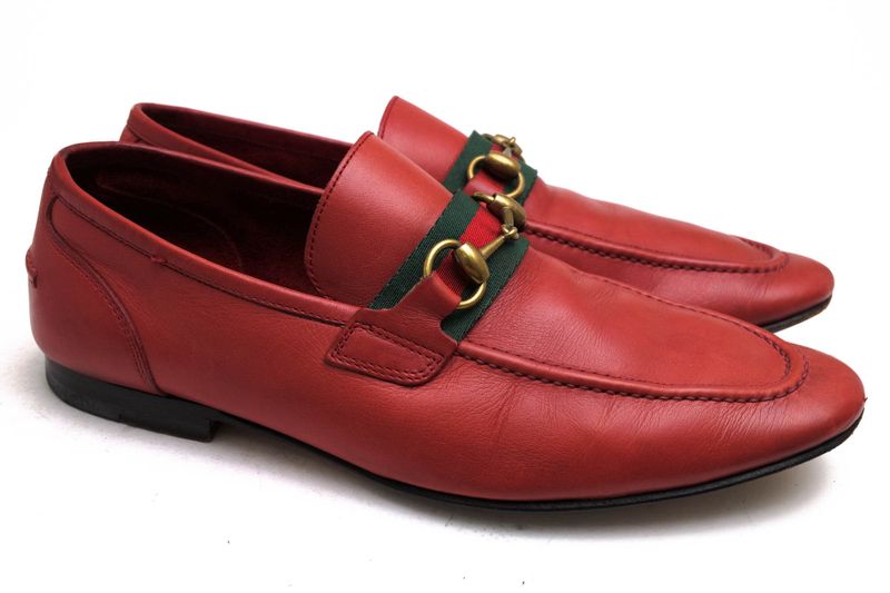 Gucci Bit Loafers Shoes Men Leather Genuine Leather Red 105857 Sherry Line