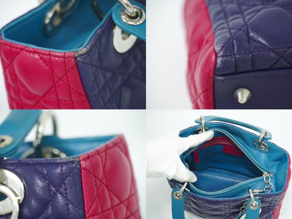 Authentic Christian DIOR Lady Dior Cannage Handbag Leather Purple Pink Blue Bag