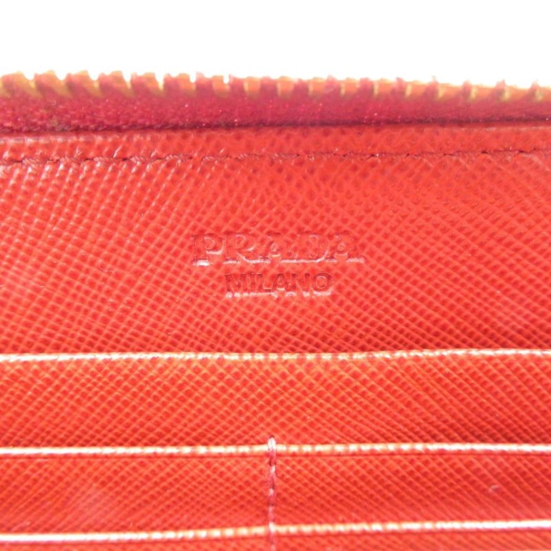 Prada Ribbon 1m0506 Saffiano Leather Gold Hardware Red Round Zipper Long Wallet