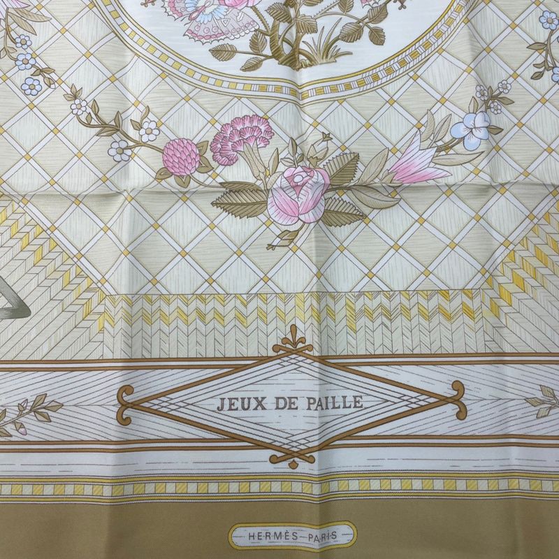 Hermes Large Scarf Silk Carre 90 JEUX DE Paille Straw Play Beige
