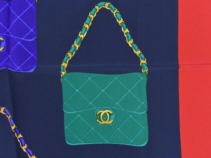 Authentic Chanel Bag Motif Scarf Shawl Bandana Silk Red Navy Multicolor