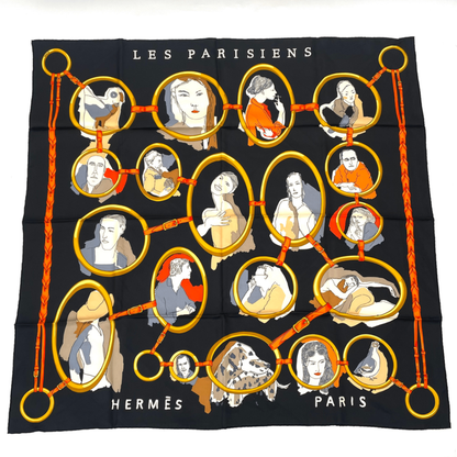 Hermes Carre 90 Scarf Silk LES Parisiens Black And Gold