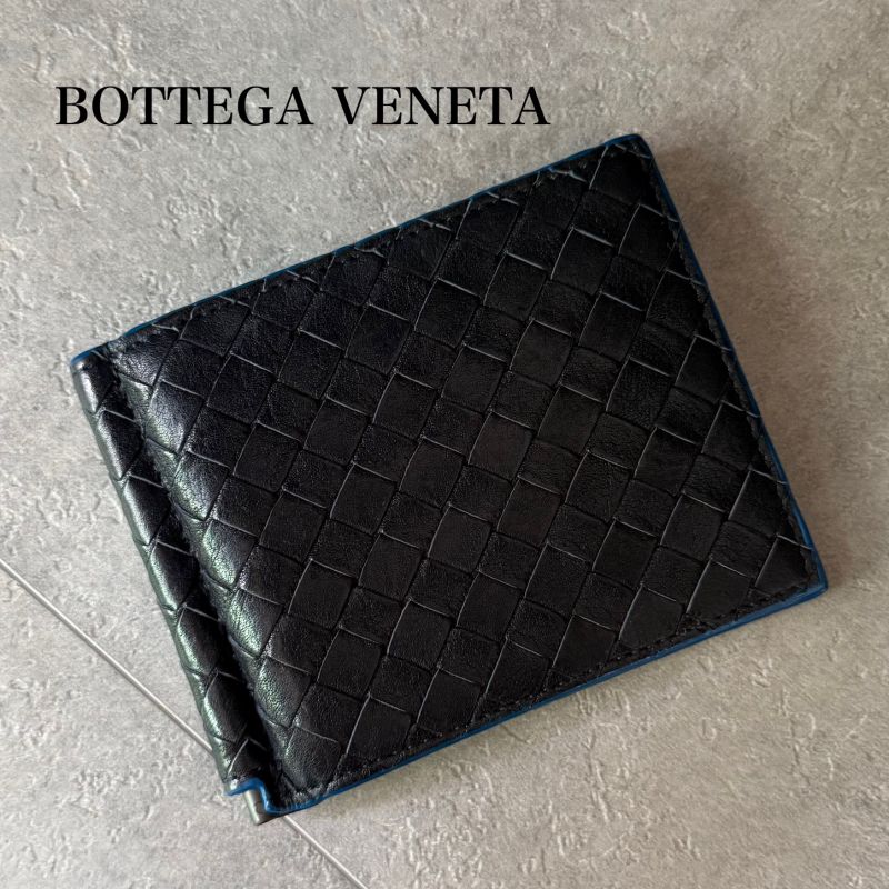 Bottega Veneta Money Clip Leather Bifold Wallet Intrecciato Bicolor Black Blue