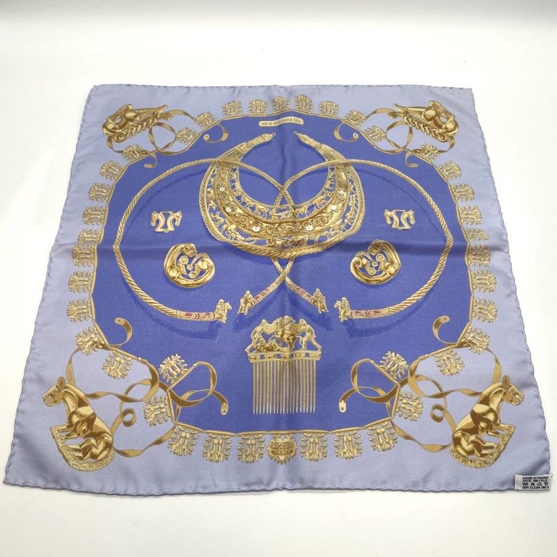 Hermes Carré 42 Golden Knight 100% Silk Scarf Blue Used 005541