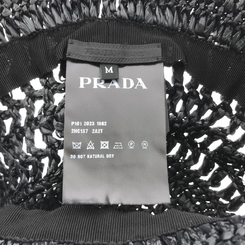Prada Crockett Straw Bucket Hat - M - Black - Women's