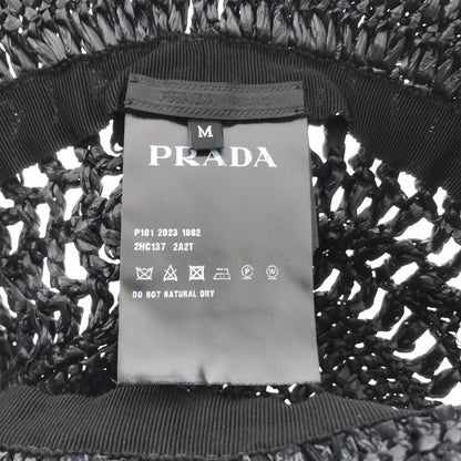 Prada Crockett Straw Bucket Hat - M - Black - Women's