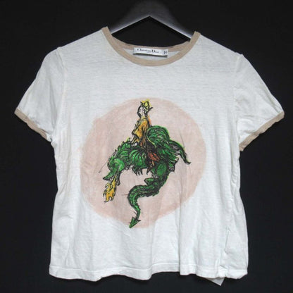 Christian DIOR Print Cotton Linen Blend Short Sleeve Trim T-shirt XS Size White