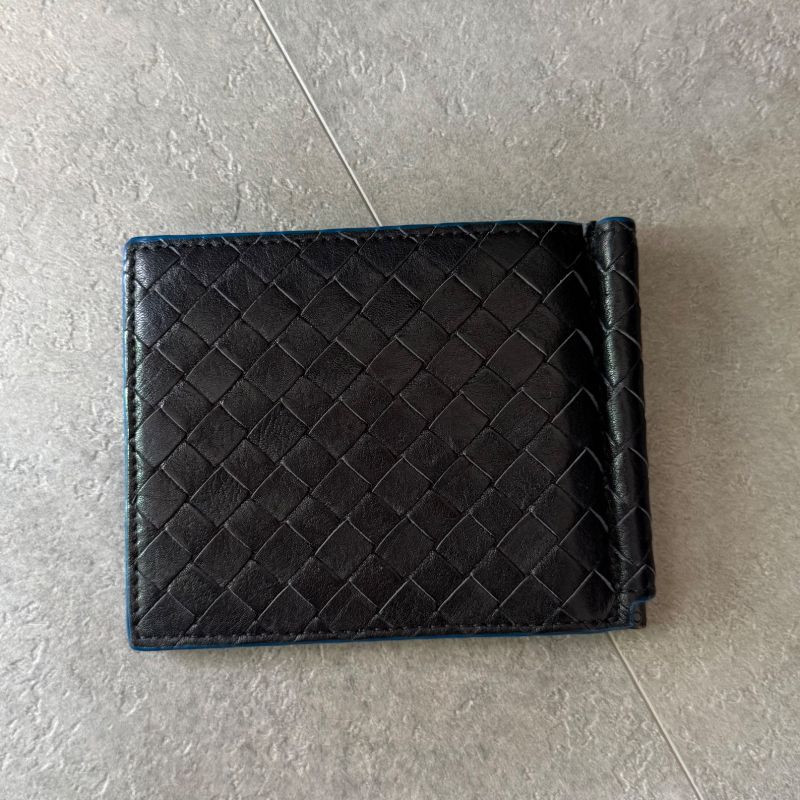 Bottega Veneta Money Clip Leather Bifold Wallet Intrecciato Bicolor Black Blue