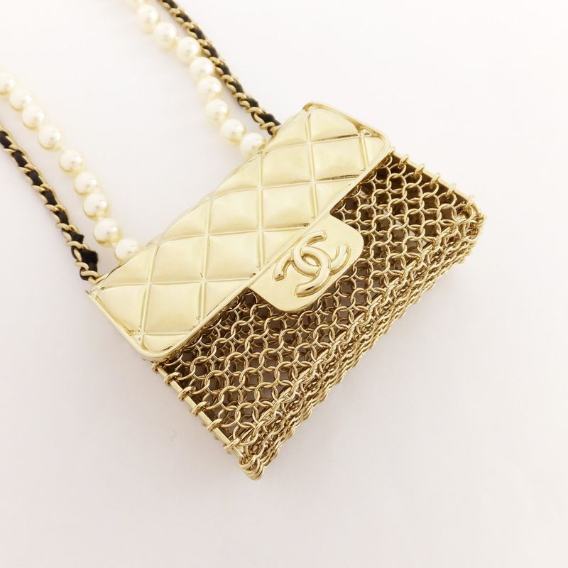 Chanel Necklace Mini Matelasse Bag Motif Coco Mark Fake Pearl Gold