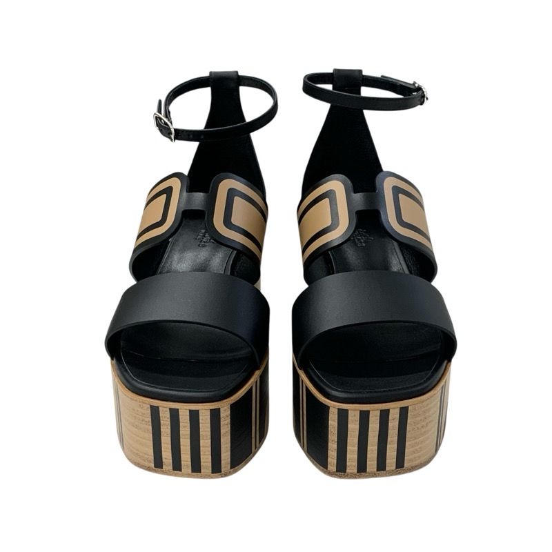 Hermes Charis Sandals Shoes Leather Black Brown Unused Brides De Gala Quadri
