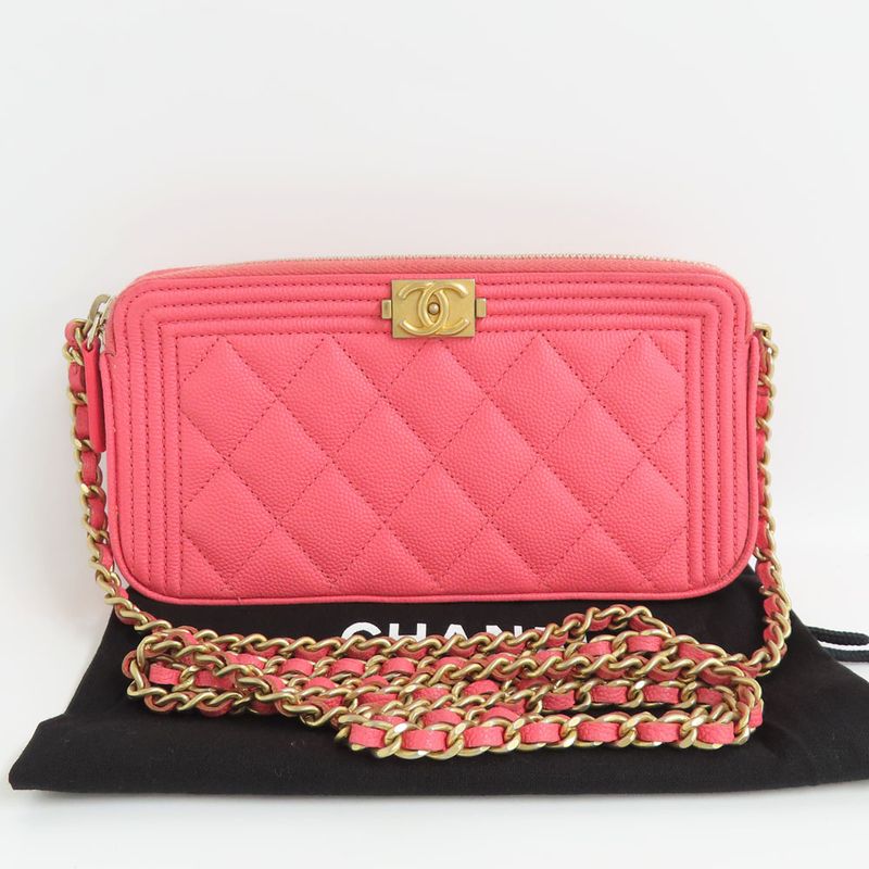 Chanel Boy Chanel Chain Clutch A84069 Wallet Bag Caviar Skin Pink