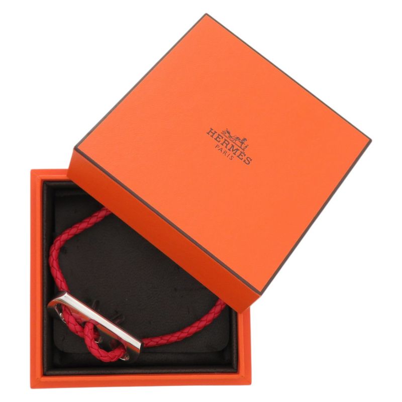Hermes Leather 925 Silver Red Bracelet 0093 Hermes