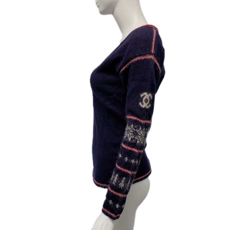 Chanel Knit Sweater P46908k05927 Coco Mark Nordic Pattern Navy X Red Size 36
