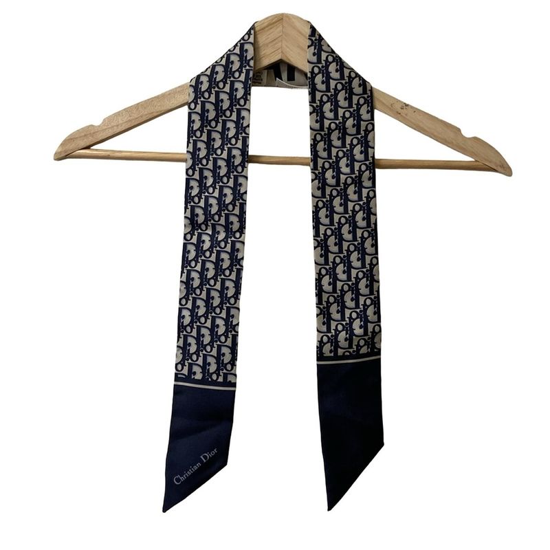 Dior/christian Dior Scarf Mitzah Beige And Dark Navy Ribbon Scarf/oblique