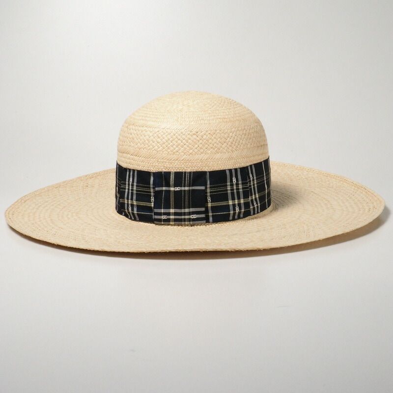 Hermes Anouk Hat Size 58 Straw Hat H Logo Checkered Ribbon 20240428 Gp6245