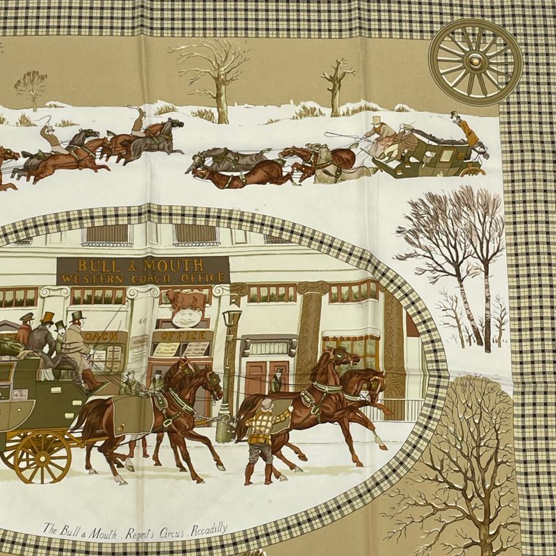 Hermes Scarf Carre 90 Lhiver EN Poste Winter Mail Coach 100% Silk Beige