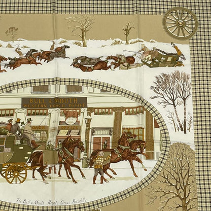 Hermes Scarf Carre 90 Lhiver EN Poste Winter Mail Coach 100% Silk Beige