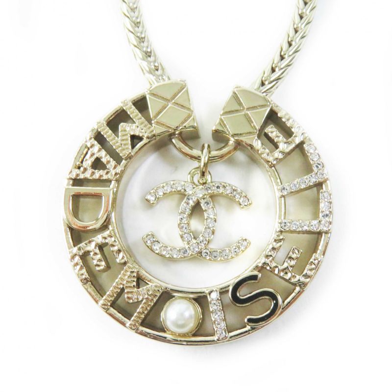 CHANEL Y22X Mademoiselle Rhinestone Coco Mark Necklace Pendant Gold With Box