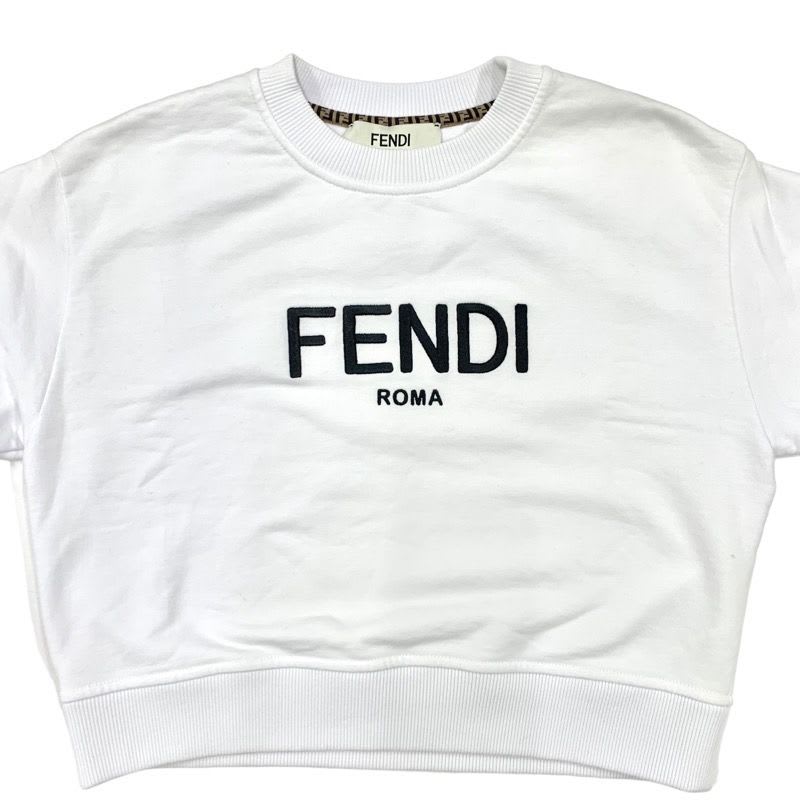 Fendi Top Cotton White Black Logo Long Sleeve Sweatshirt Cropped Brushed