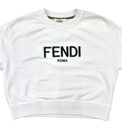 Fendi Top Cotton White Black Logo Long Sleeve Sweatshirt Cropped Brushed