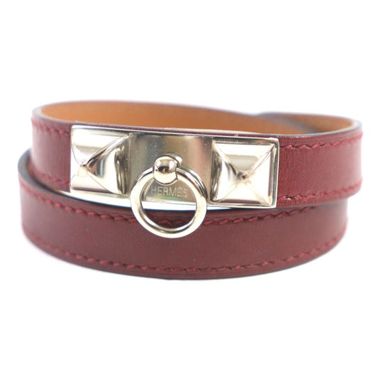  Hermes Collierd Chien Leather Silver Hardware 2strand Bracelet Red Brown S O