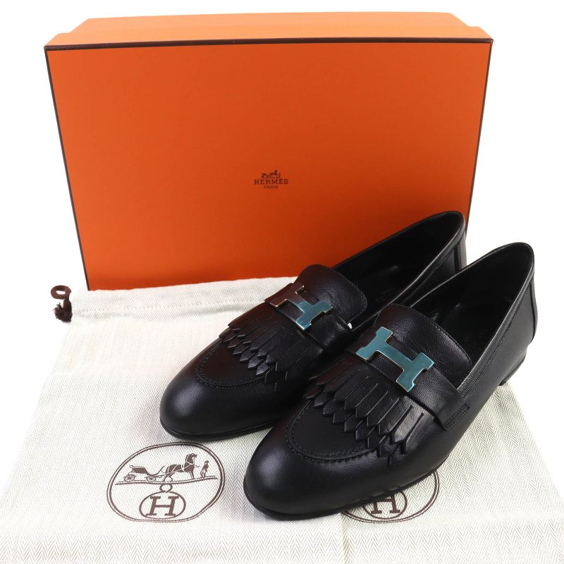 Hermes Royale Gold Hardware Moccasin H Motif Buckle Fringe Leather Loafer Black