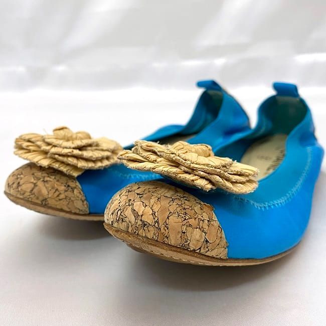 Chanel Ballet Shoes Ec21062 Blue Beige Camellia