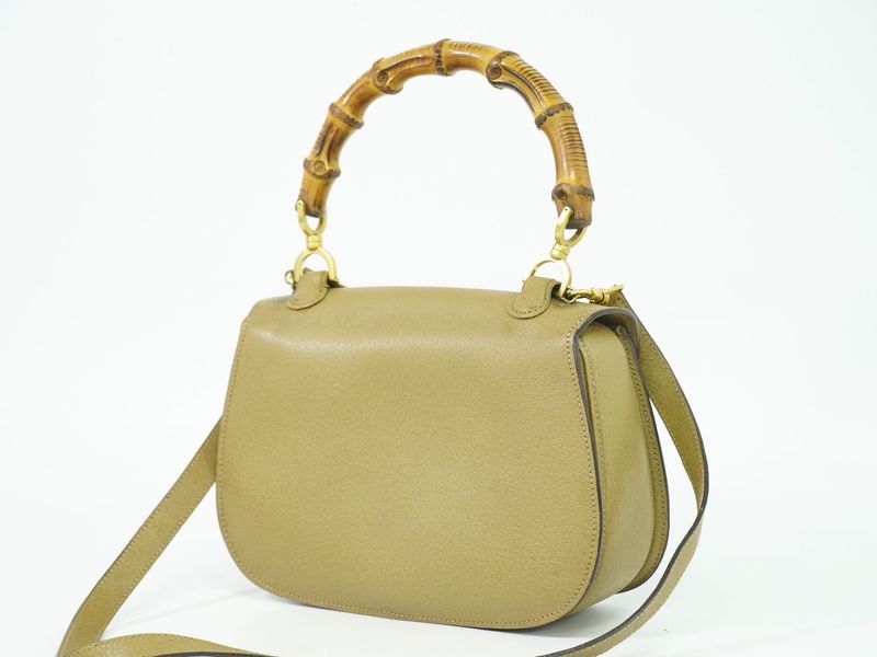 Authentic Gucci Bamboo 2WAY Shoulder Bag Handbag Pochette Leather Beige Bamboo