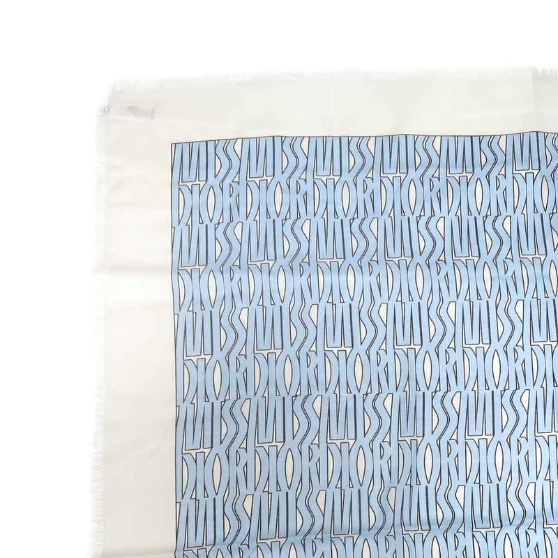Dior Shawl Logo Light Blue Ivory Wool Cashmere Silk Large Shawl Fringe