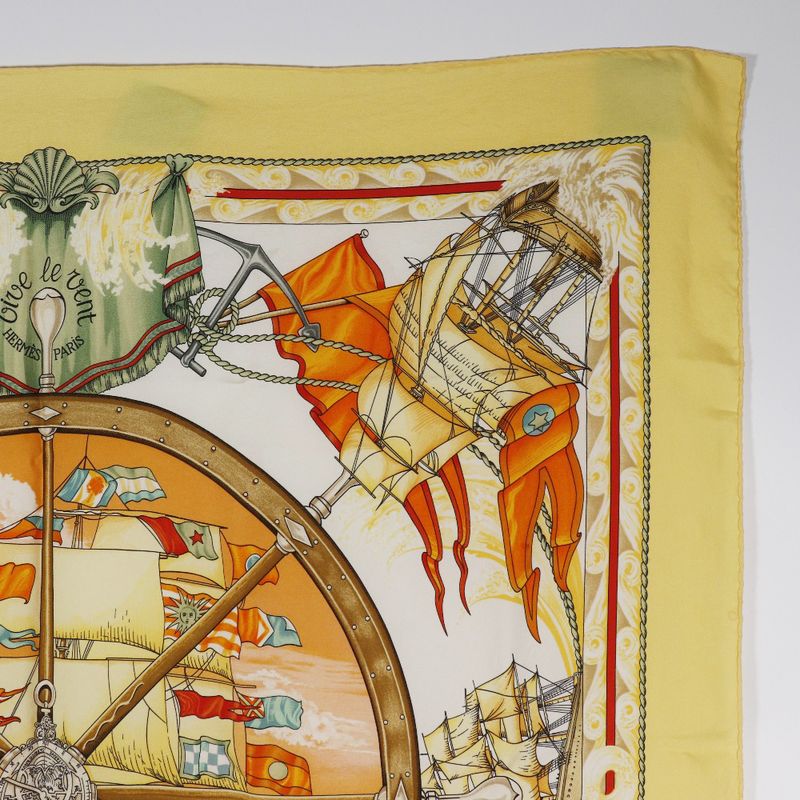 Hermes Carré 90 Vive Le Vent Windblown Silk Yellow Women's Scarf