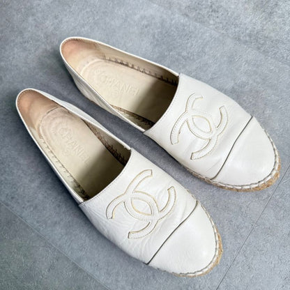 Chanel Espadrille Coco Mark Flat Shoes Leather White 37 24cm (9.45in) Women's