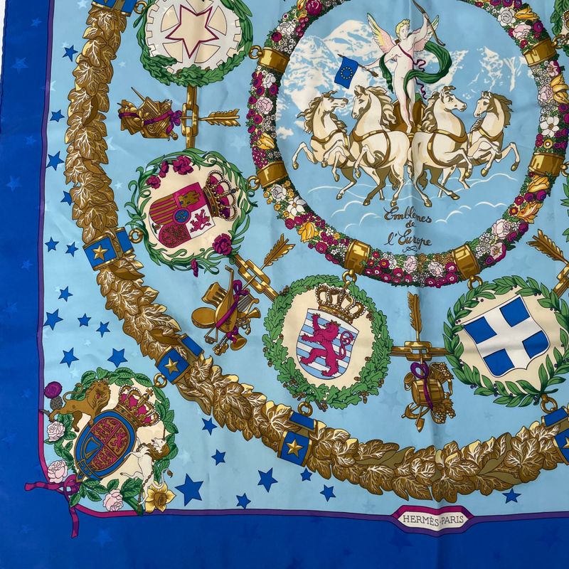 Hermes Carre 90 Emblemes De L'europe European Emblem Scarf Silk Blue