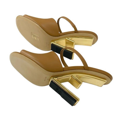 Fendi First Sandals Shoes Leather Brown Gold Unused Mule Metal Heel Strap