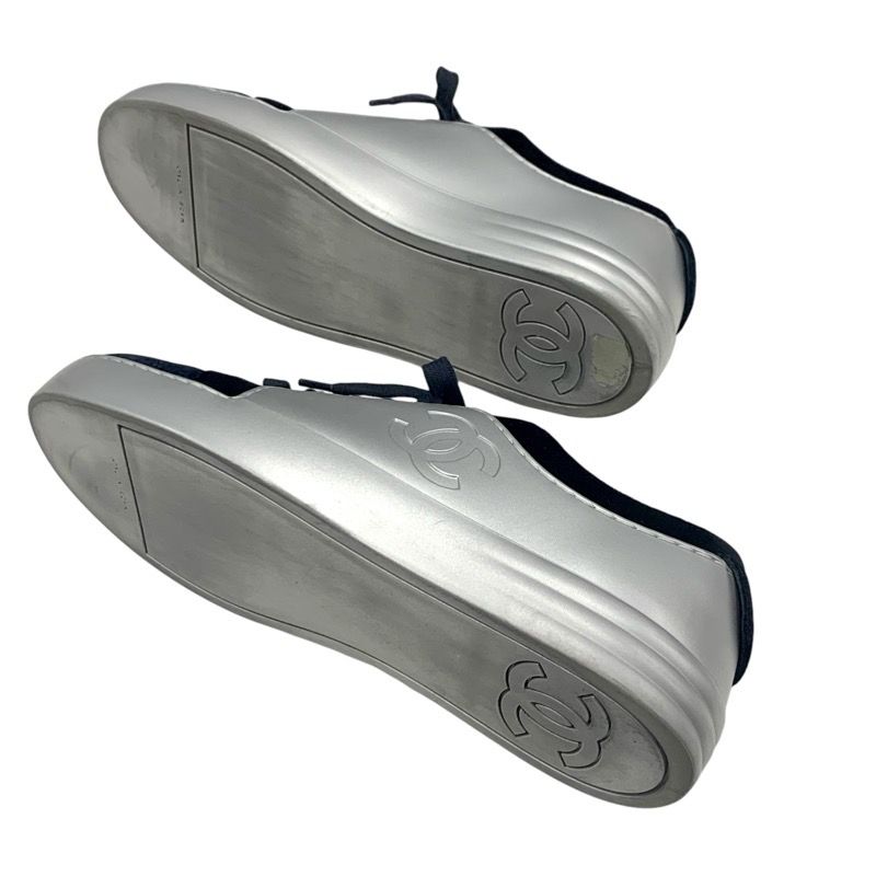 Chanel Sneakers Shoes Velor Leather Silver Navy Here Mark