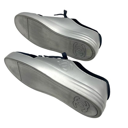 Chanel Sneakers Shoes Velor Leather Silver Navy Here Mark