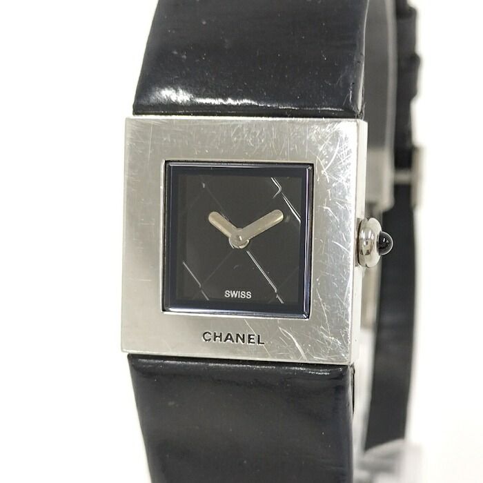 Chanel Ladies Watch Matelasse SS Leather Belt Black Quartz Black Dial H0116