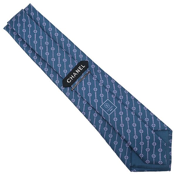 Chanel Necktie Coco Mark Camellia 9.5cm (3.74in) Silk Blue and Pink Flowers