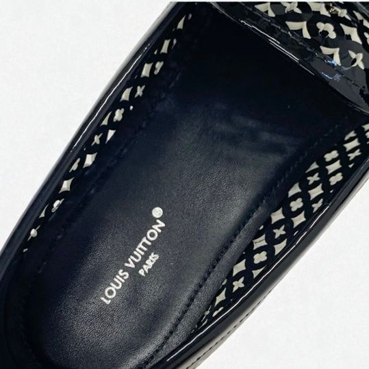 Louis Vuitton Chess Line Monogram Loafers Leather Shoes Patent Black Gold Logo