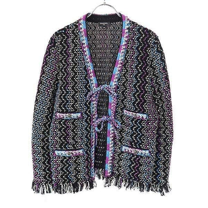 Chanel 21p Coco Mark Button Tweed Fringe Cardigan P70494k10051 Black 36