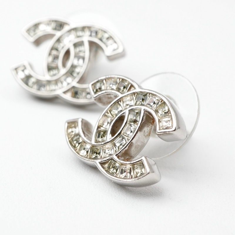 Chanel Earrings Earring Silver Coco Mark Rhinestone