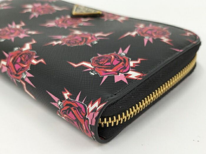 Prada Round Zipper Long Wallet Rose Saffiano Leather Black 1ml506
