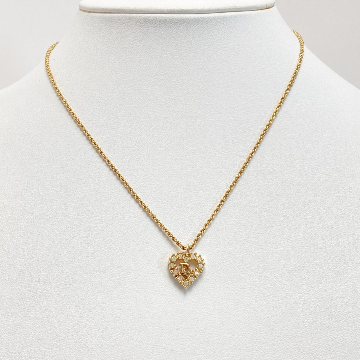 Christian Dior Logo Heart Rhinestone Necklace Gold GP