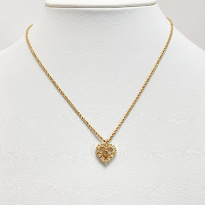 Christian Dior Logo Heart Rhinestone Necklace Gold GP