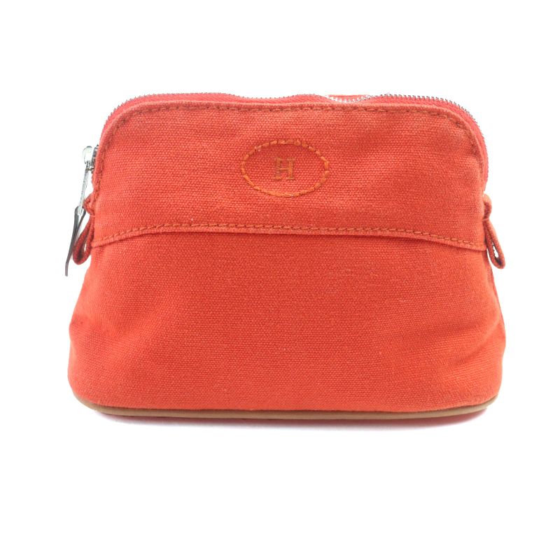 Hermes Bolide Pouch Mini 100% Cotton H Logo Embroidery Leather Use Cosmetic